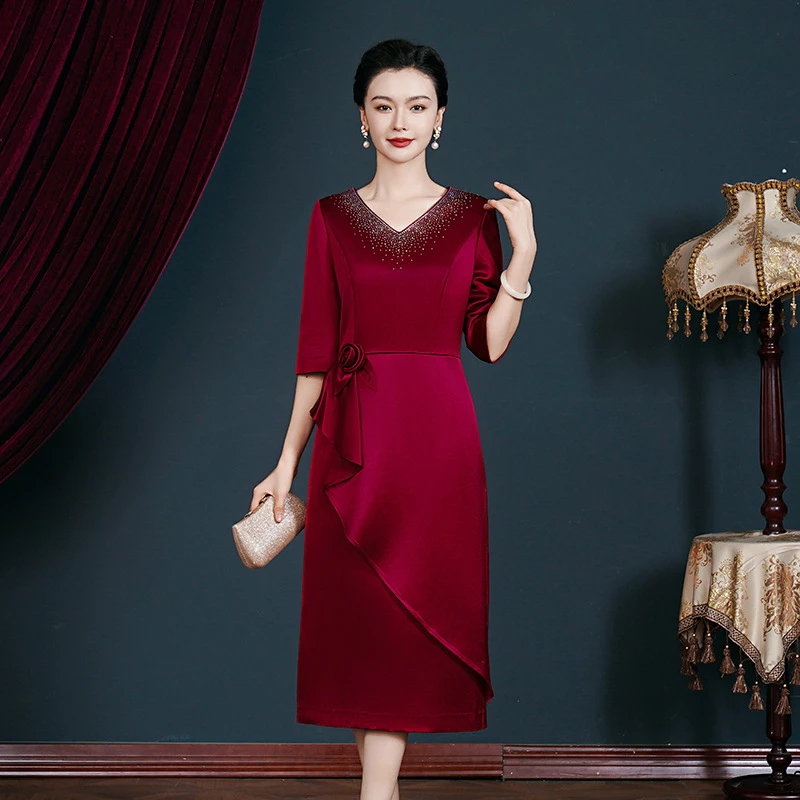 【拉菲红+酒红】进口三醋酸拉菲红喜婆婆婚宴装妈妈礼服显瘦修身Y