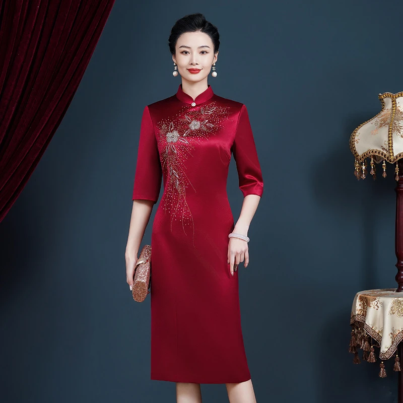 （多色）进口三醋酸改良旗袍裙不开叉小个子喜妈妈婆婆婚婚宴礼服Y