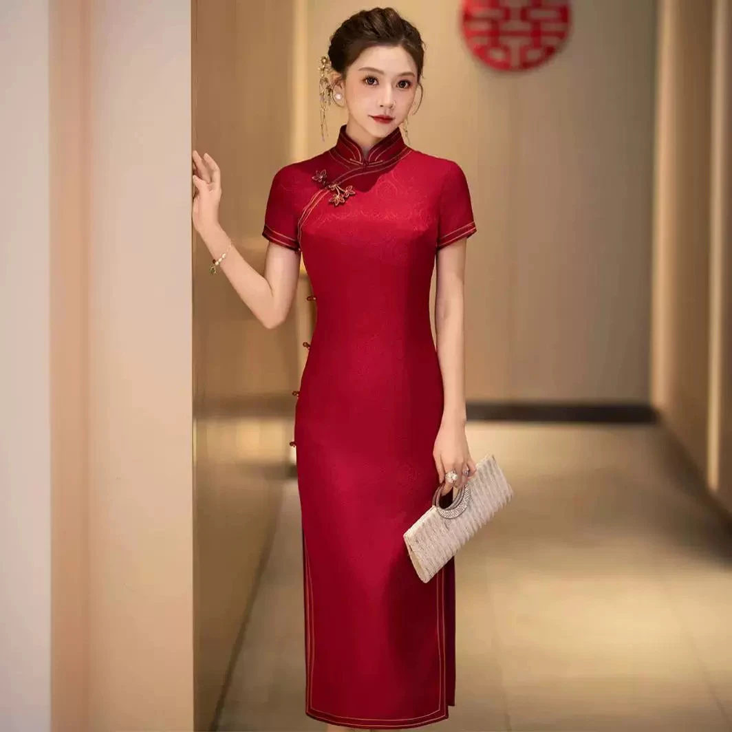 【长款+短款】交织桑蚕丝真丝手工旗袍轻奢喜婆婆喜妈妈婚宴礼服HQ