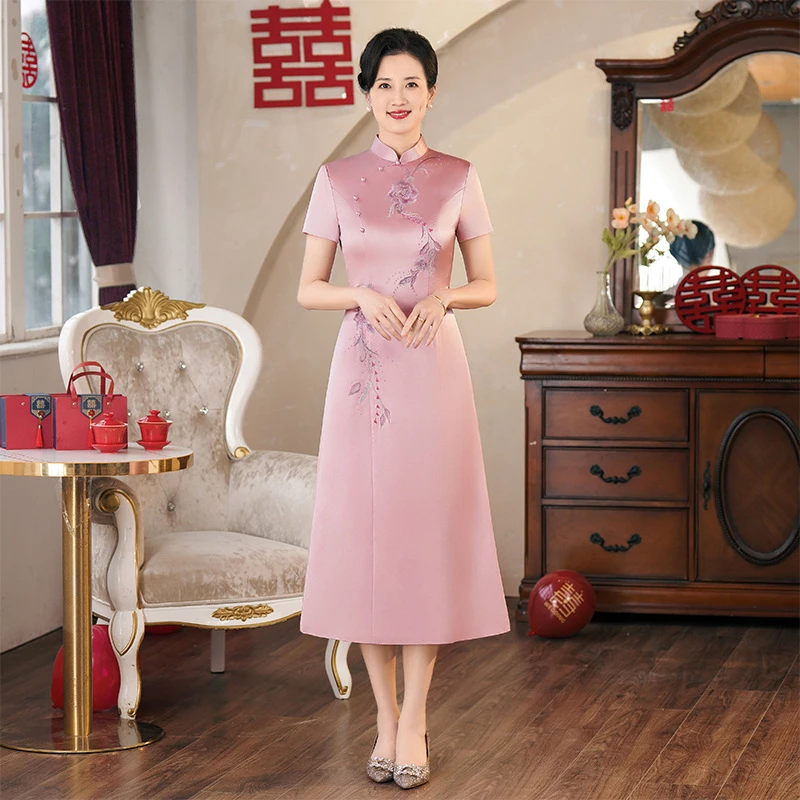 【正品苏绣】三醋酸手绣改良粉色旗袍裙喜妈妈礼服新款连衣裙婚礼N