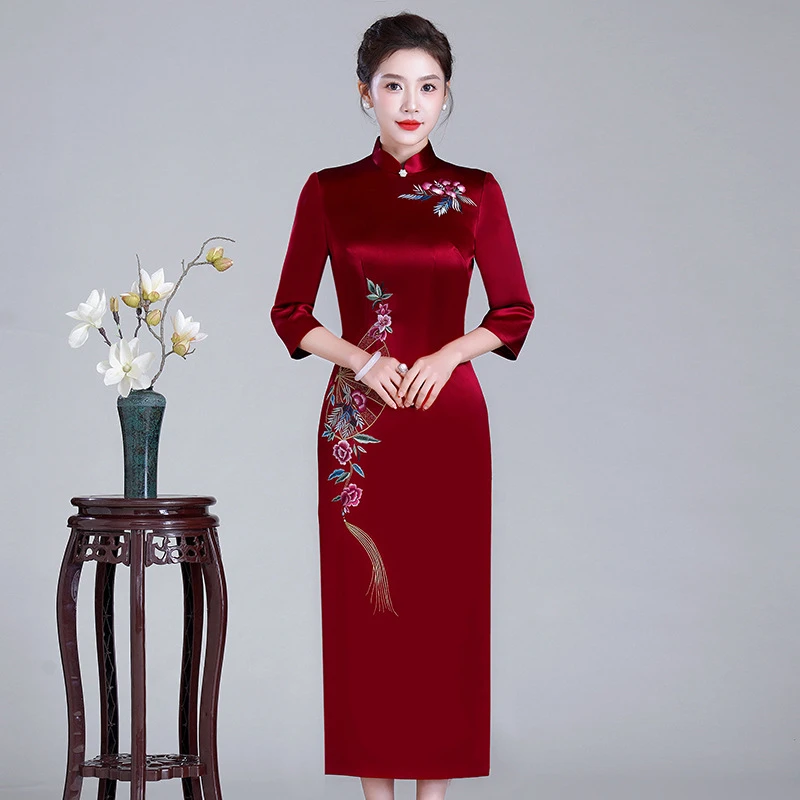 2025正品苏绣旗袍进口三醋酸【多色】修身显瘦喜妈妈婆婆婚宴礼服L
