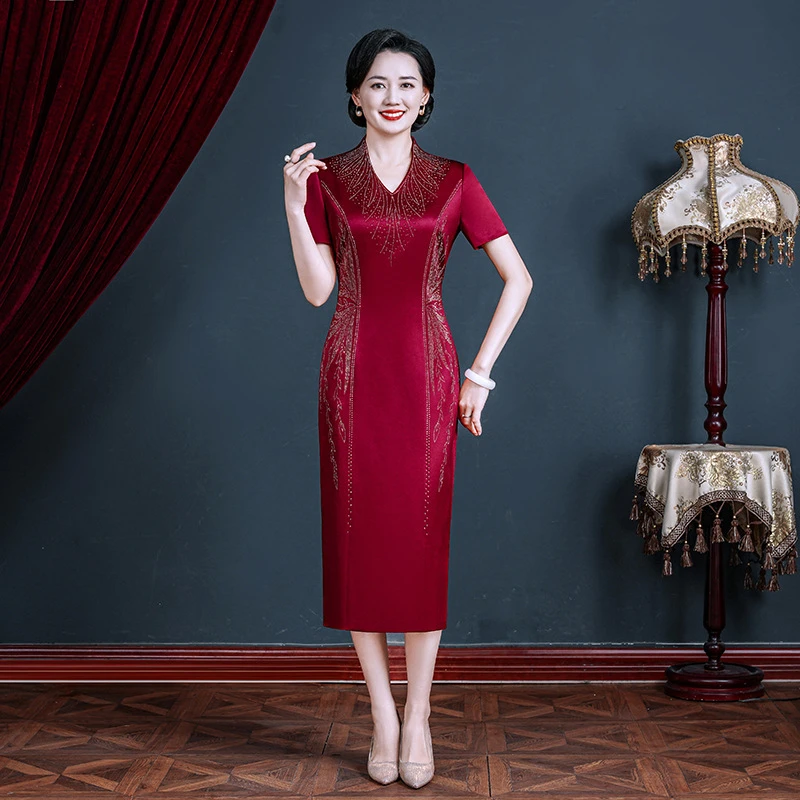 单层薄款进口三醋酸后开叉喜婆婆妈妈婚宴礼服改良旗袍Y