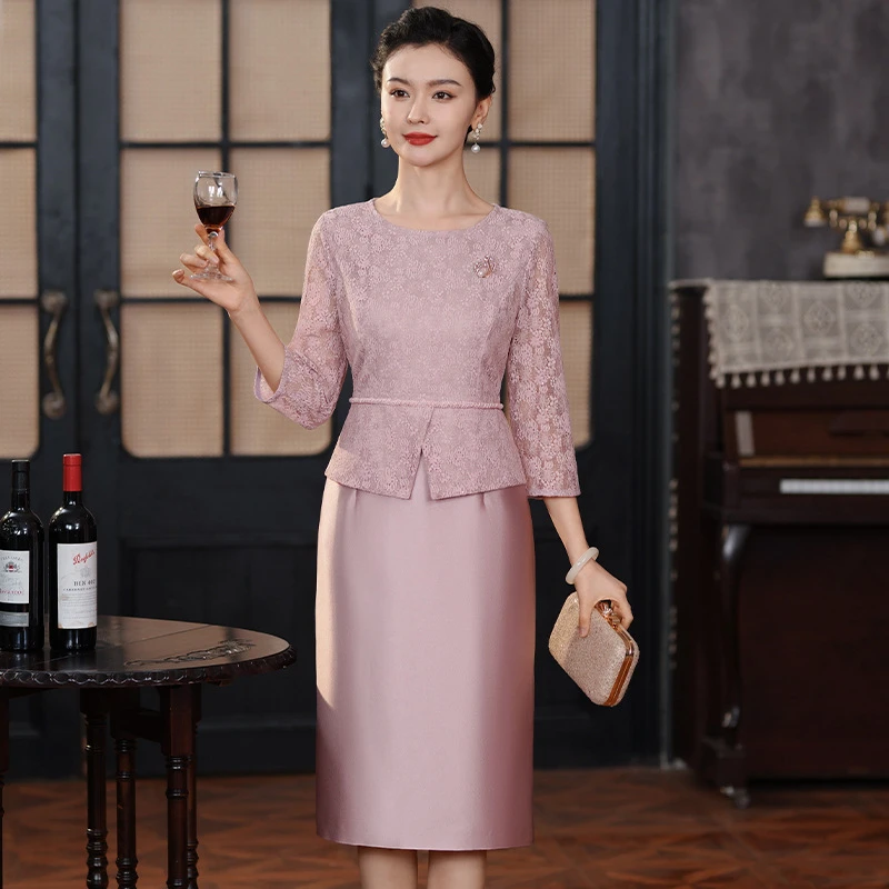 【紫粉+酒红】高贵气质喜婆婆婚宴礼服小个子大码年轻妈妈装假二件Z