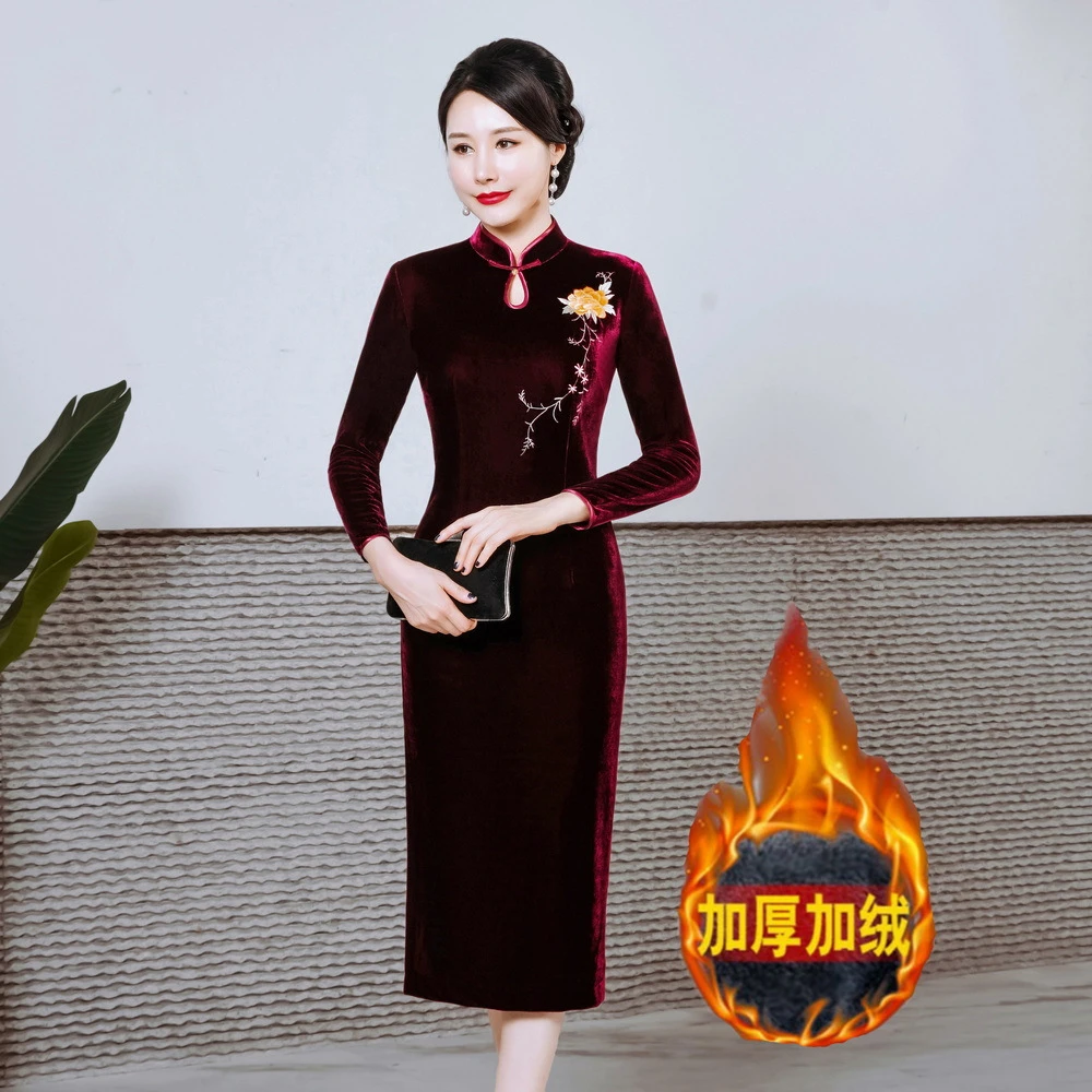 加绒2025冬季钻石绒旗袍中老年妈妈装喜婆婆高档婚礼服刺绣M