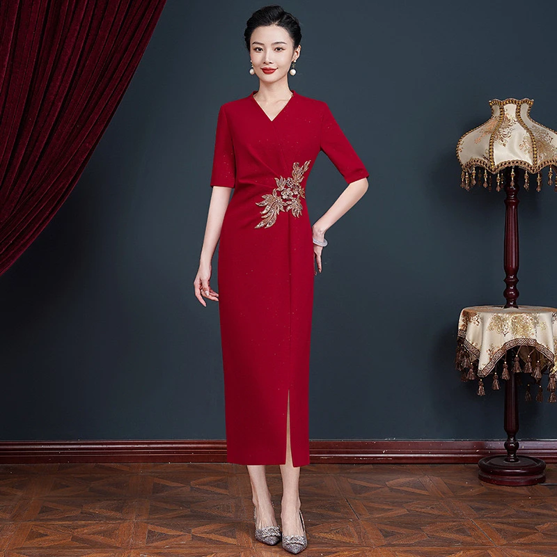 【长款+短款】喜妈妈喜婆婆婚宴礼服连衣裙中式旗袍显瘦时尚气质J