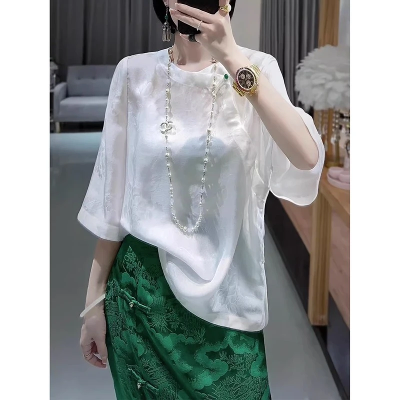 新中式国风提花上衣女夏2024复古唐装斜襟圆领衬衣气质七分袖