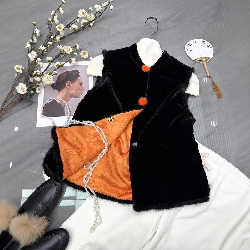 【李子淳】2025冬款新中式丝绒拼水貂毛夹棉马夹双面双穿棉服马甲