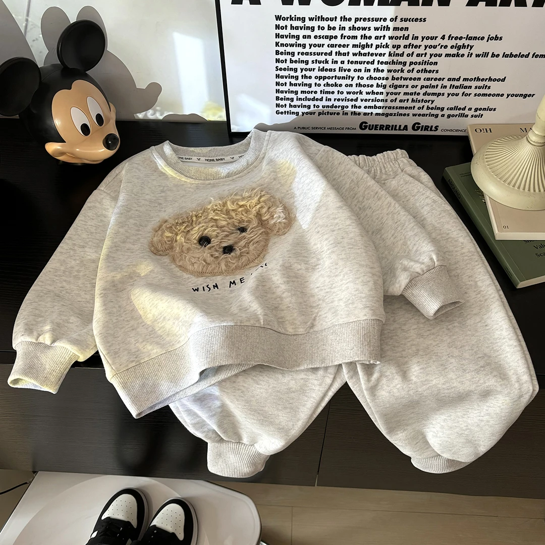 【萌趣泰迪】儿童秋季花灰色卫衣套装立体公仔绣花俩件套韩版秋冬