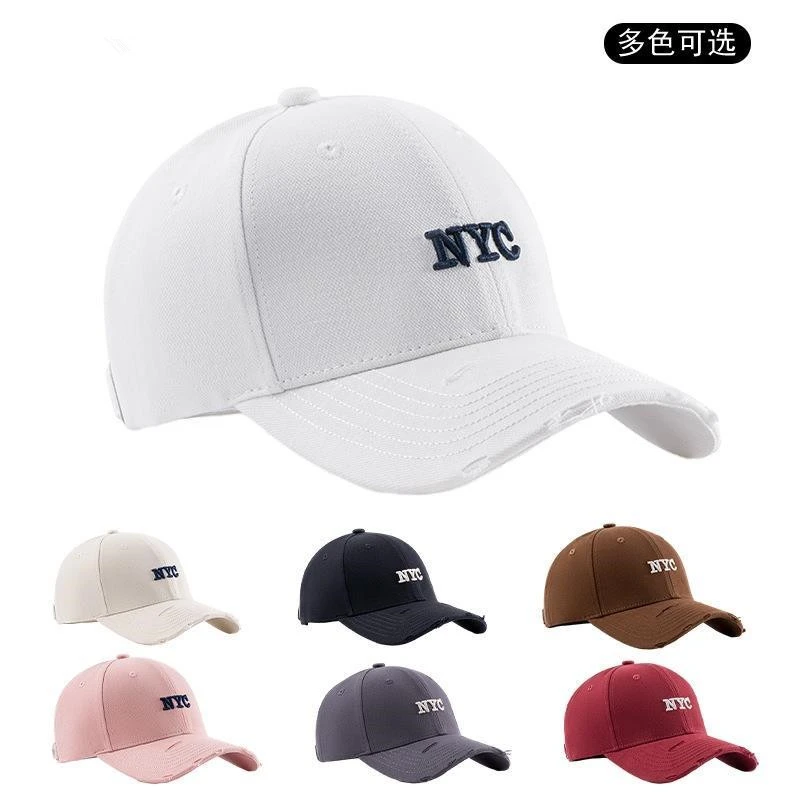 新款百搭字母NYC刺绣棒球帽女韩版破洞弯檐鸭舌帽子显脸小遮阳帽