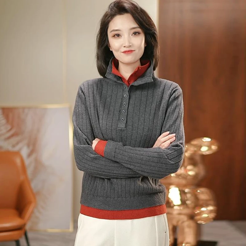 【精纺绵羊毛】立领复古撞色简约气质百搭长袖针织衫