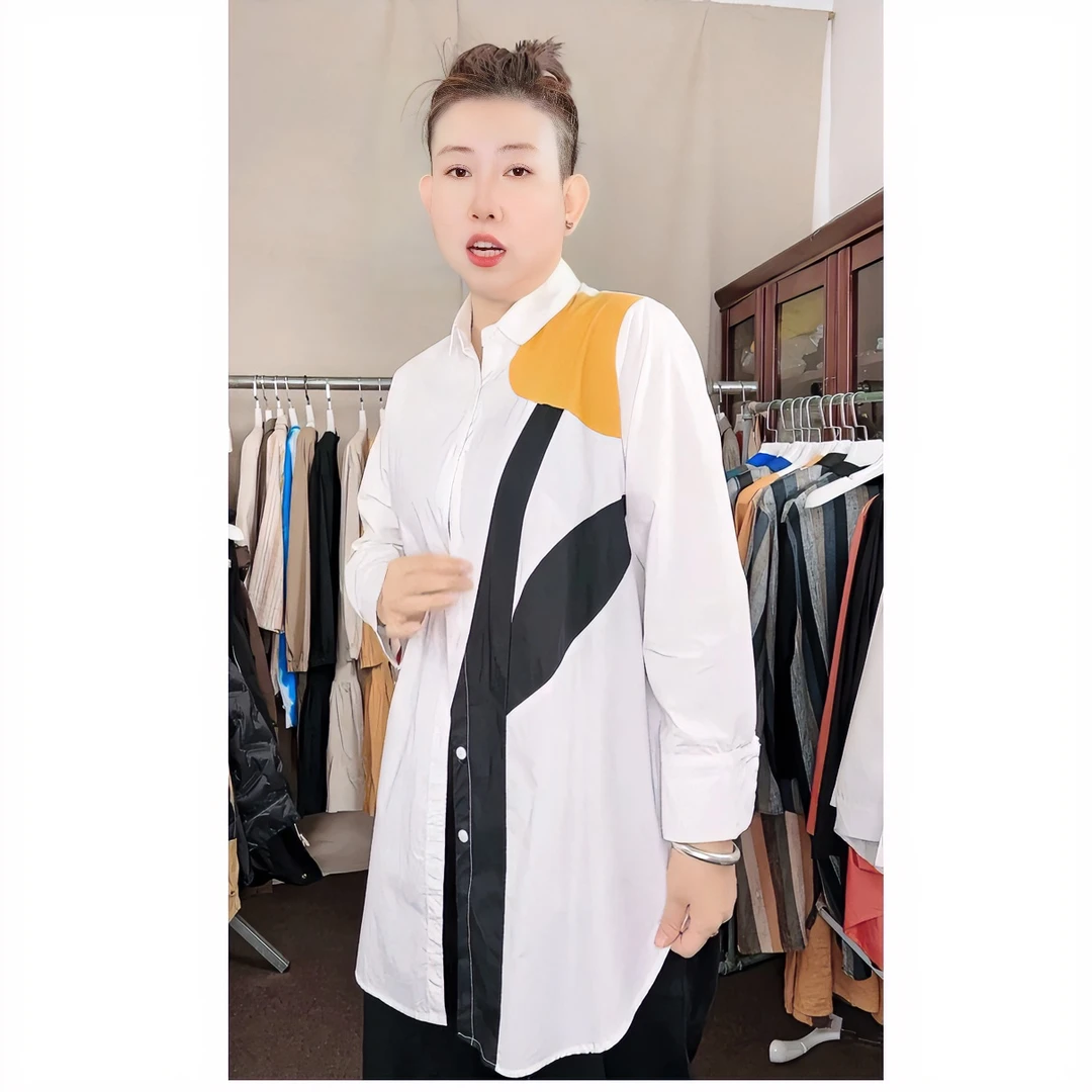 2024春夏新款百搭拼接撞色气质中长款设计感长大码胖妹妹衬衫拼色