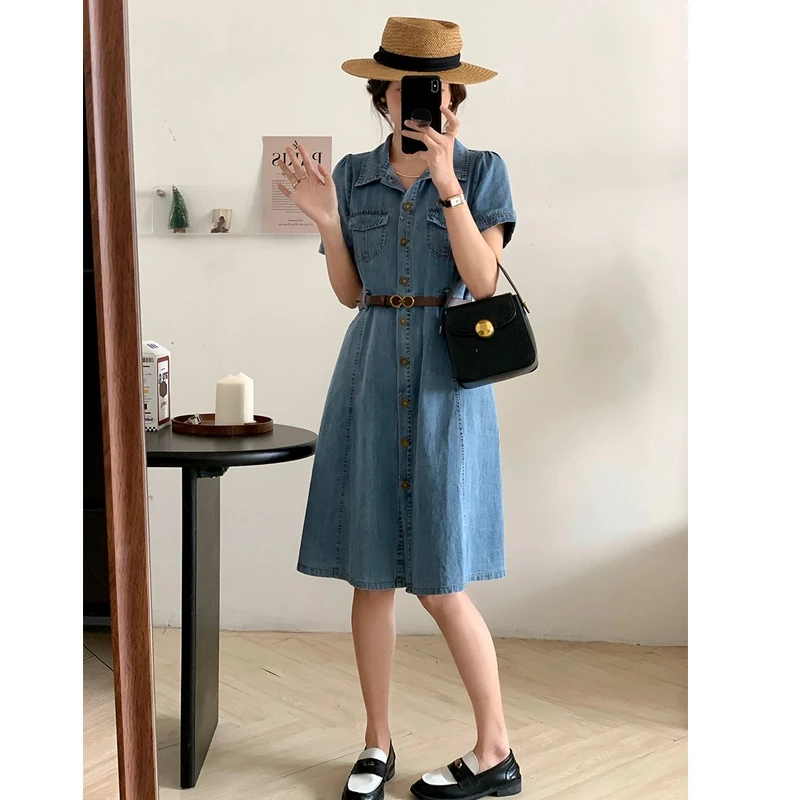 H现货新品女装牛仔连衣裙春夏款韩版裙子透气遮肉显瘦修身长裙