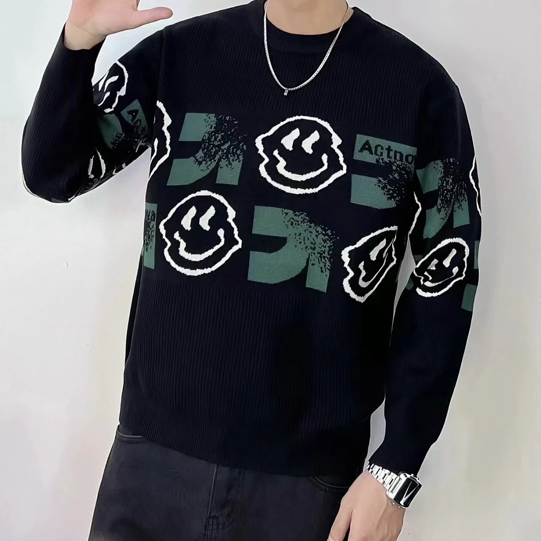 9906秋冬圆领套头笑脸百搭潮针织衫宽松休闲慵懒风男士毛衣打底衫