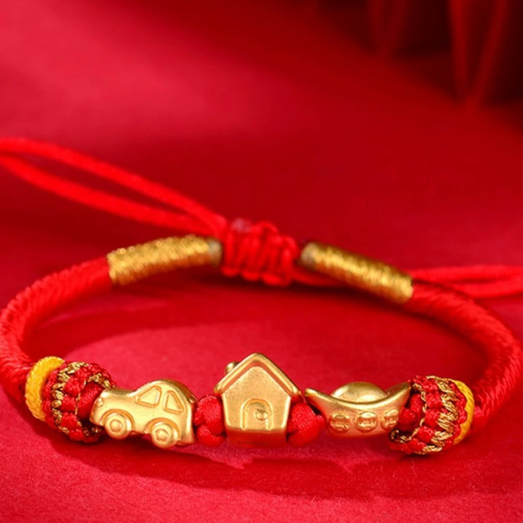 足金999房子车子元宝手绳手饰百搭黄金转运珠手工编制情侣金手链