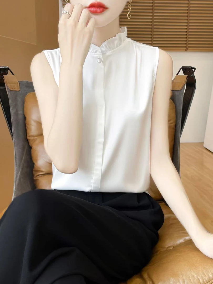 洋气宽松~法式木耳边无袖场合夏季背心内搭立领白色打底上衣小衫