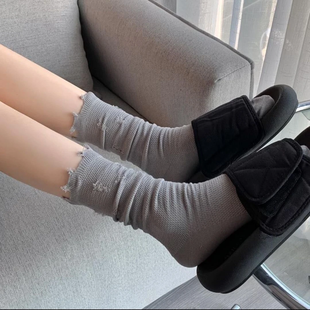 【酷酷的破洞袜】2023新款纯色百搭中筒破洞堆堆袜乞丐袜
