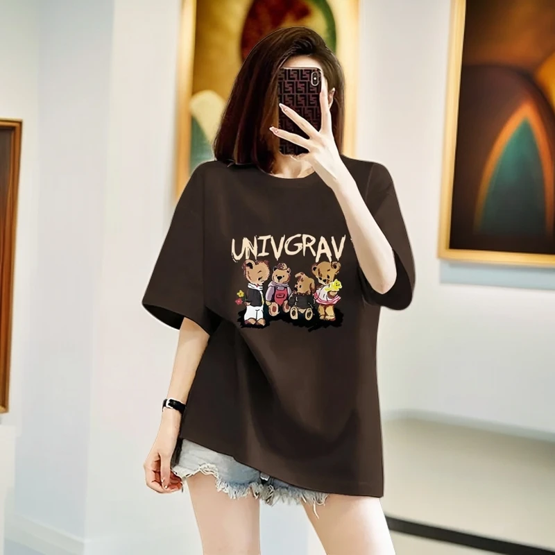 卡通小熊咖色短袖t恤女夏季宽松休闲时尚百搭显瘦大码女装半袖ins