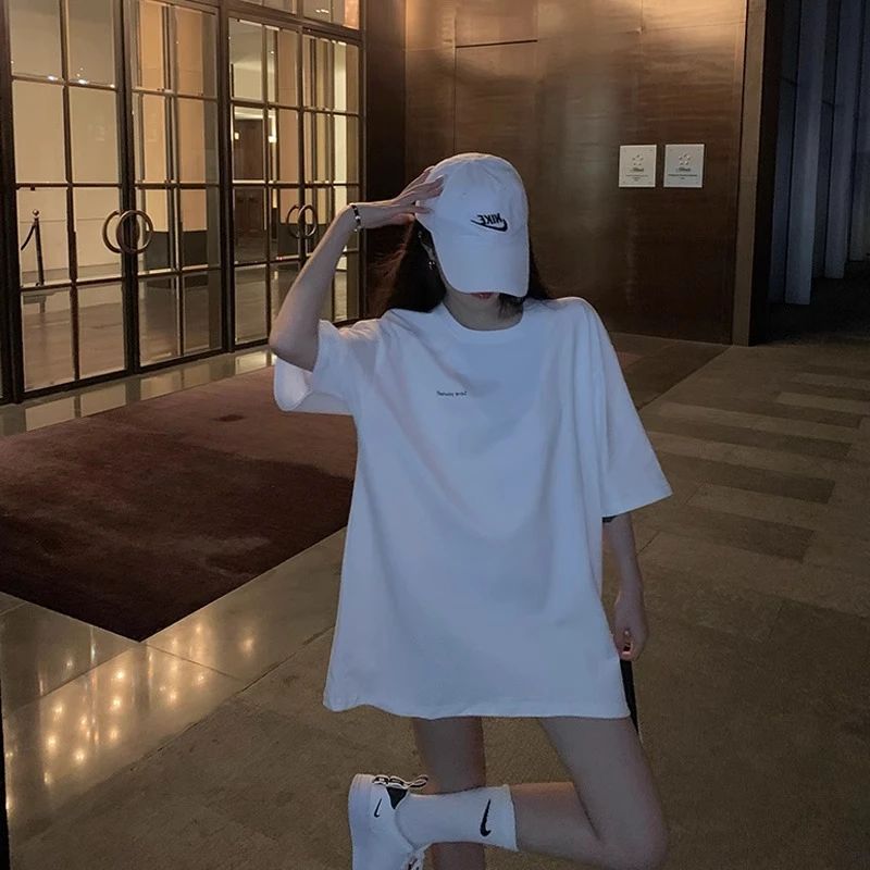 白色t恤女2024新款欧货大版中长款下衣失踪oversize宽松短袖夏季