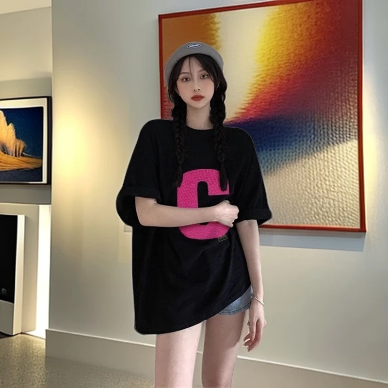 黑色短袖t恤女夏季新款韩版大码宽松显瘦休闲百搭中长款减龄上衣
