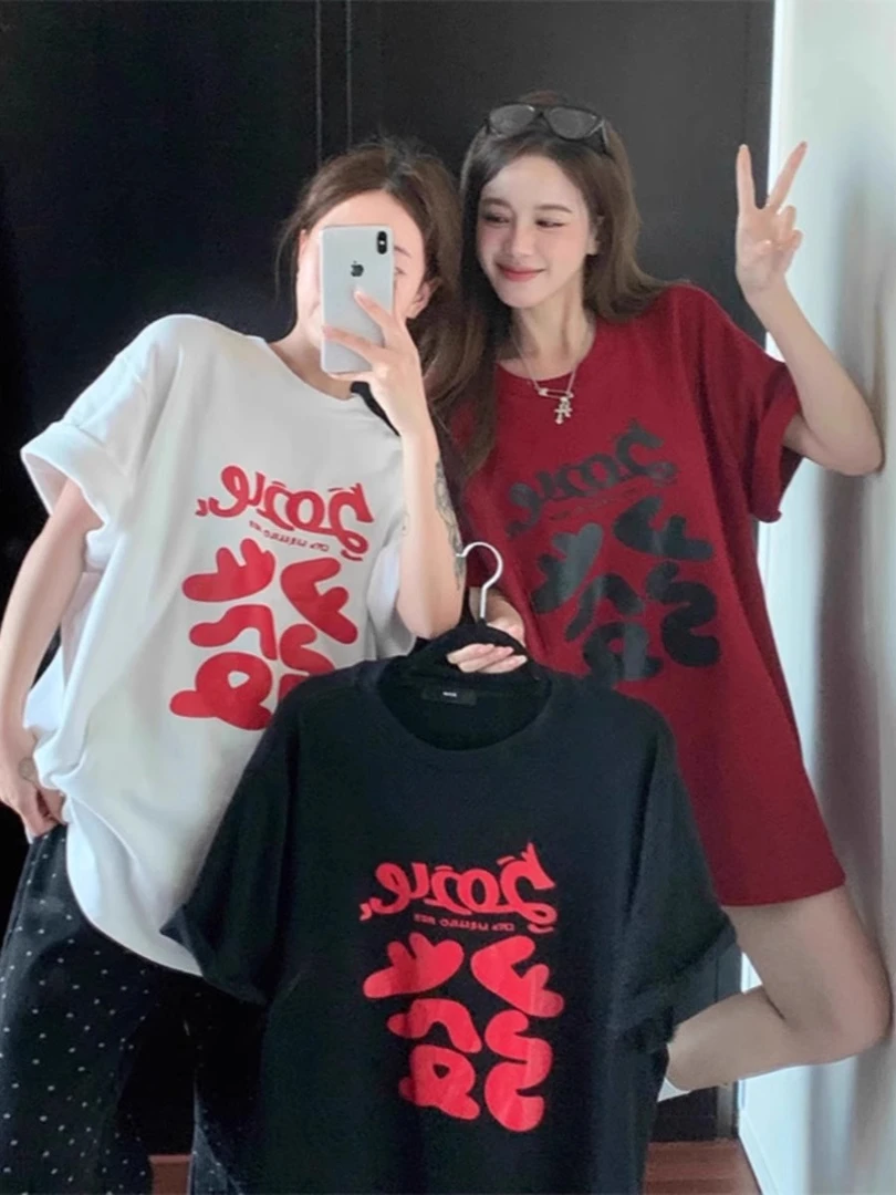 时尚韩版百搭短袖t恤女春夏纯棉发财印花休闲宽松中长款套头上衣