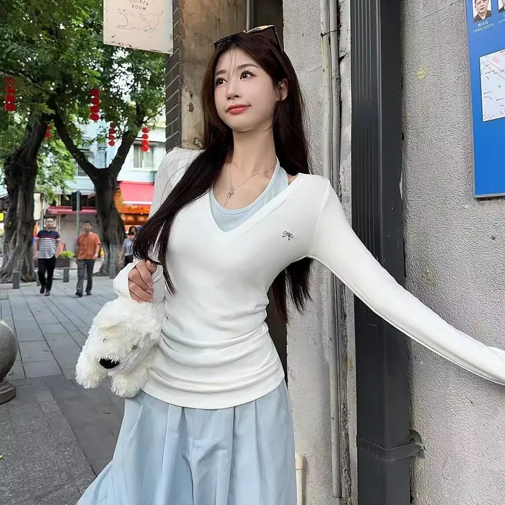 爆款白色领长袖恤女秋季新款修身显瘦褶皱时尚设计感上衣紧身上衣