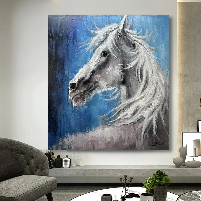 原创款【一马当先】纯手绘油画动物装饰画沙发背景墙画入户过道玄关