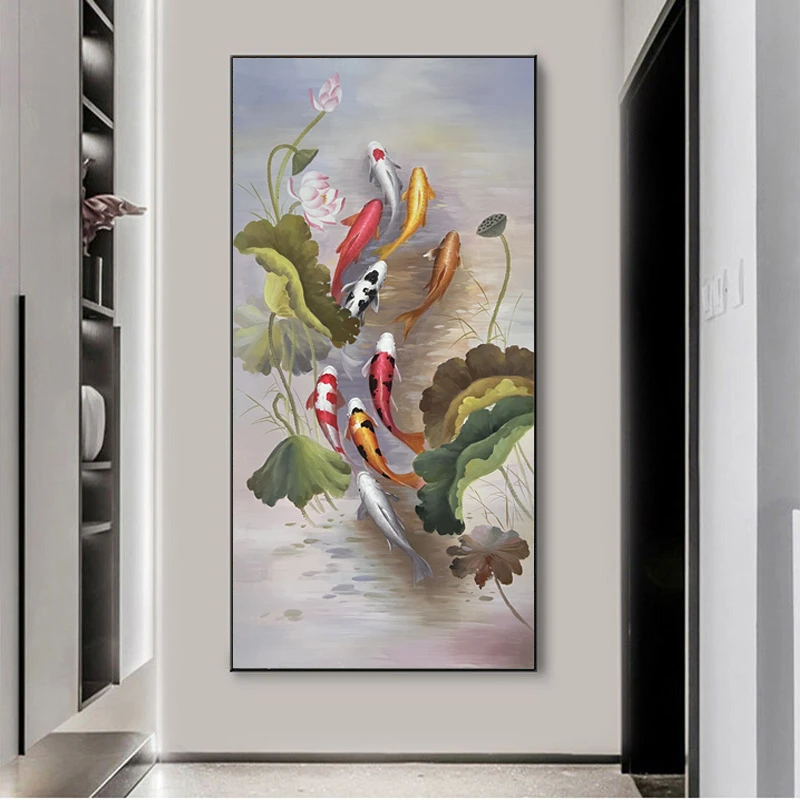 【如鱼得水】手绘油画现代新中式客厅沙发背景墙画竖版立体装饰玄关