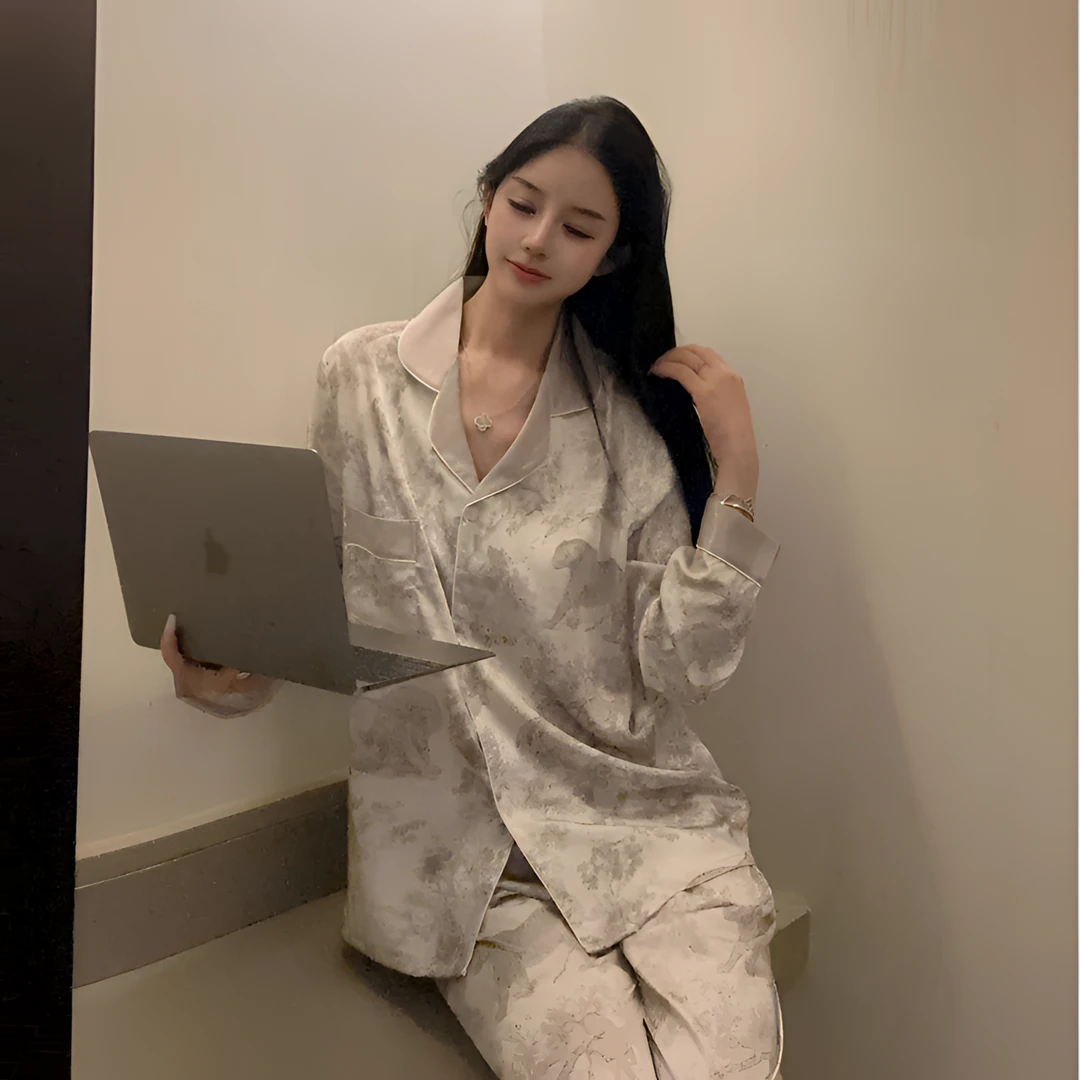 【高奢瑞灰】冰丝睡衣春夏秋薄款长袖气质显瘦网红家居服可外穿