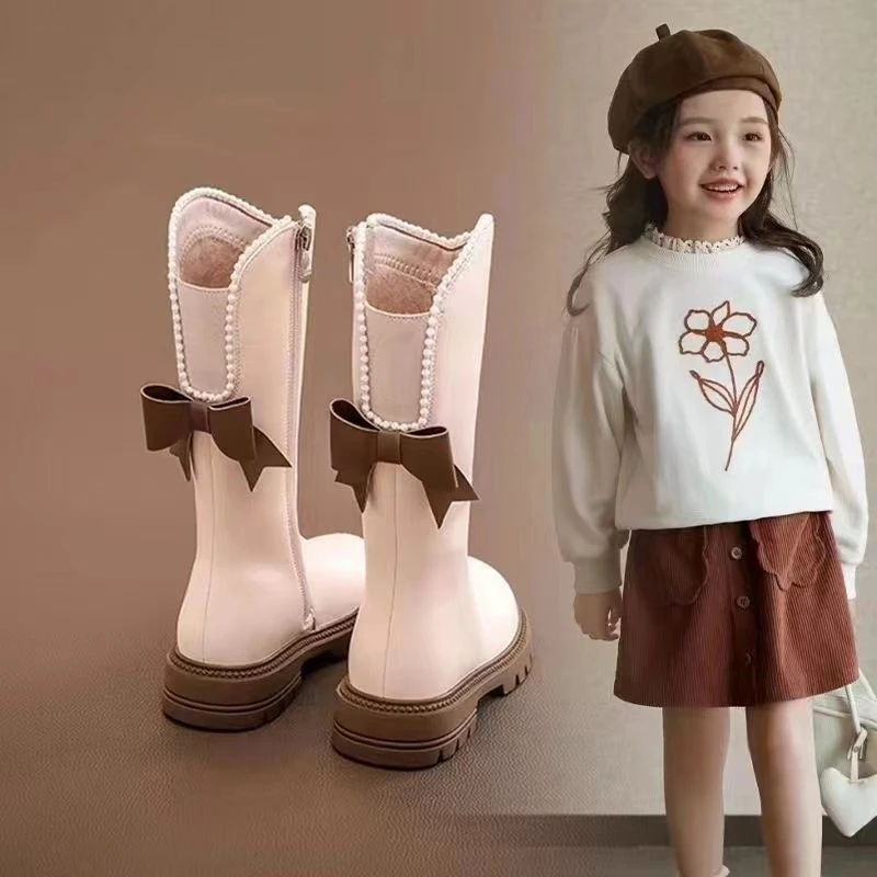 妙优可女童鞋子儿童长靴2024秋冬新款冬季长筒皮靴公主百搭单里靴