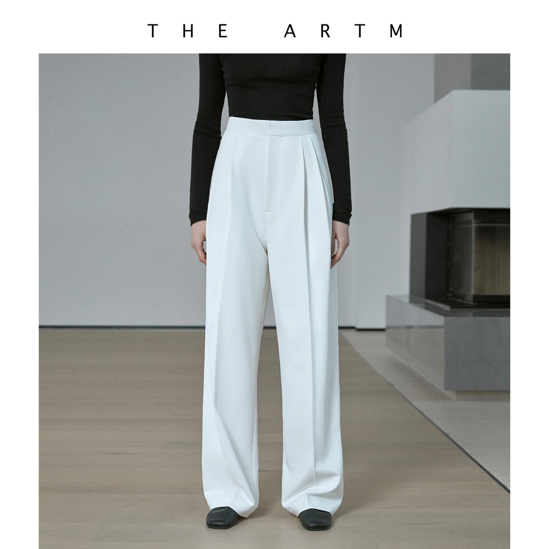 THE ARTM抗皱垂顺精纺 高腰直筒宽松双褶休闲西装裤女高级感垂感