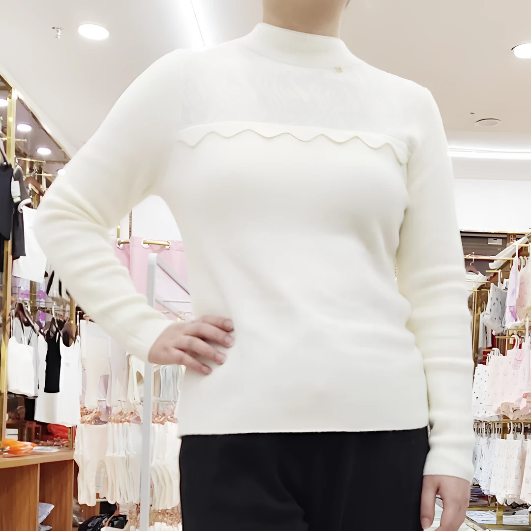 【广艳家】时尚秋冬半高领蕾丝木耳边 长袖羊绒打底衫 套头女士毛衣