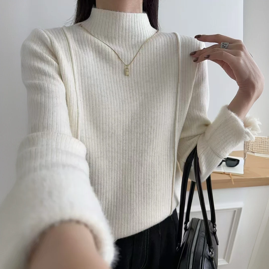 【广艳家】时尚秋冬半高领竖纹 长袖羊绒贴身打底衫 套头女士毛衣