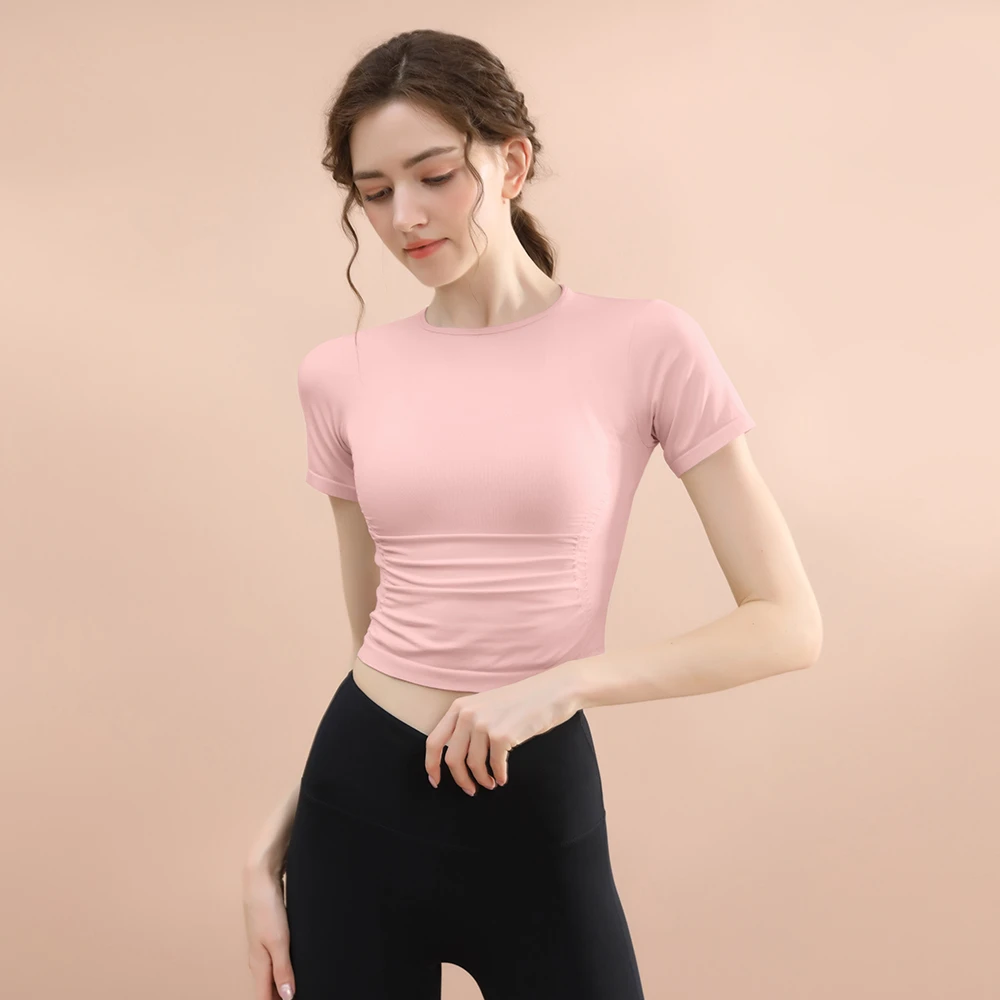 高级感瑜伽服女短袖褶皱修身显瘦普拉提健身T恤休闲运动上衣夏季