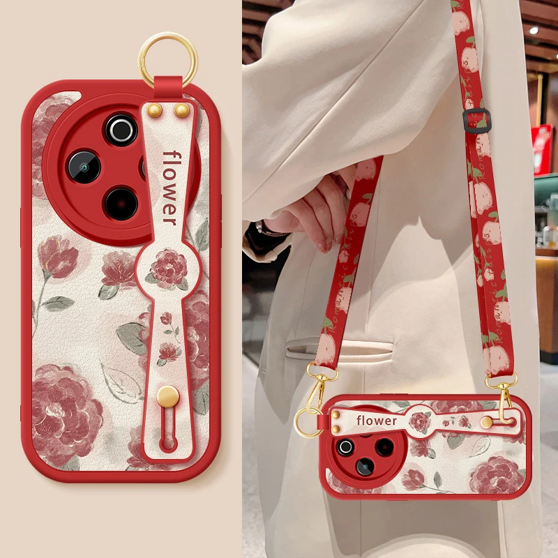 红色玫瑰vivoy300pro手机壳新款斜挎挂绳腕带小羊皮硅胶全包软壳