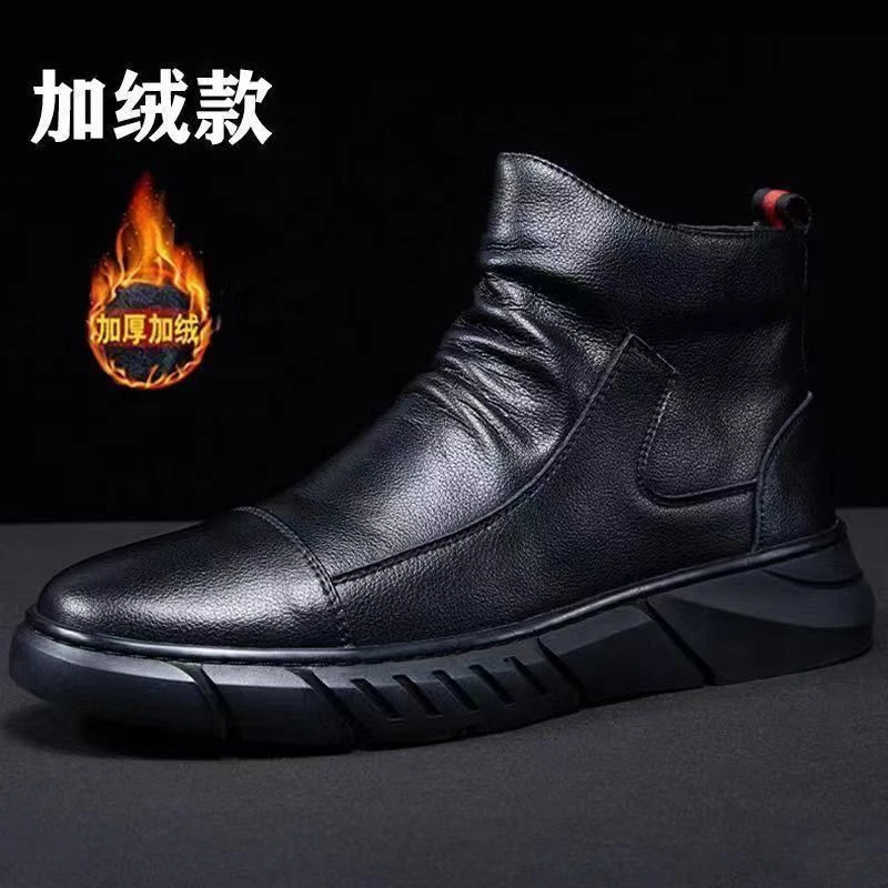 韩版百搭男士靴子冬季休闲高帮皮鞋男鞋加绒加厚拉链马丁靴男新款