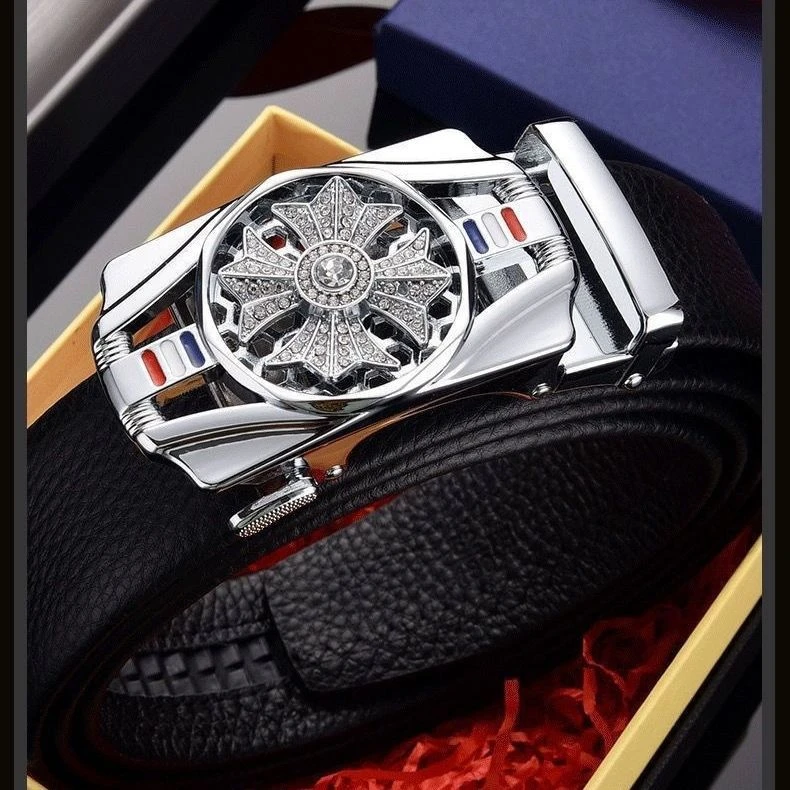 网红爆款时来运转男士自动扣皮带镶钻扣头可旋转高档商务腰带潮流