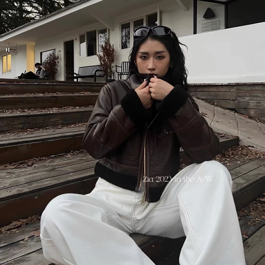 3001皮毛一体机车风高级感皮衣2024秋冬季新款