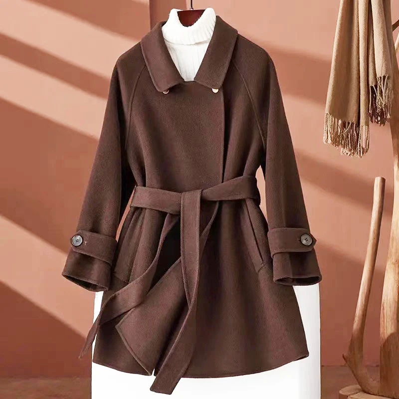 9043 TG款秋冬气质时尚双面呢宽松大衣网红女士系带收腰显瘦外套