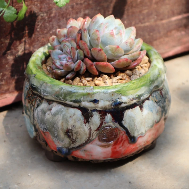 坛子姐新款中号翻边包子贴片流釉大口径单头橙子群生粗陶多肉花盆