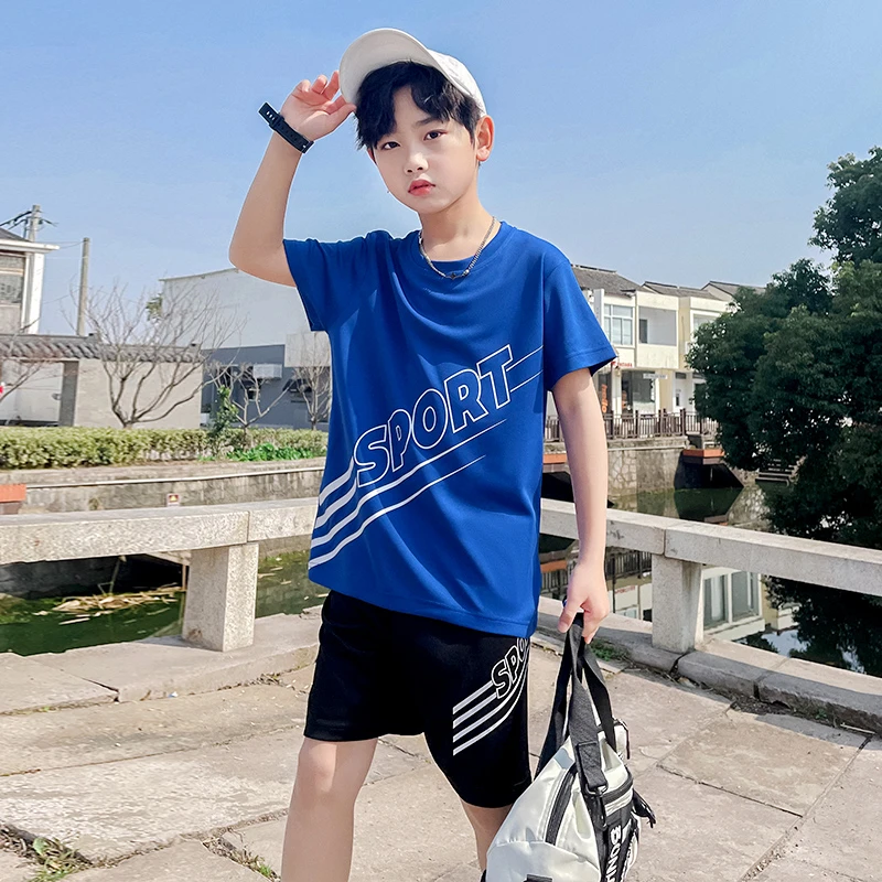 儿童短袖套装夏季男童速干运动套装中大童短裤套头薄款透气冰感帅