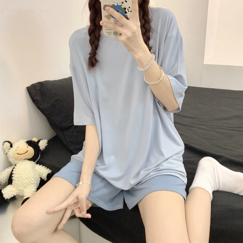 带胸垫睡衣女款夏季2025新款短袖短裤薄款凉感莫代尔棉家居服套装