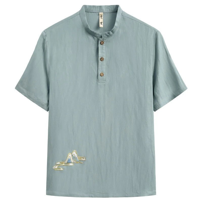 夏季中国风丝麻短袖T恤男中式立领上衣男薄款休闲宽松刺绣衬衫男