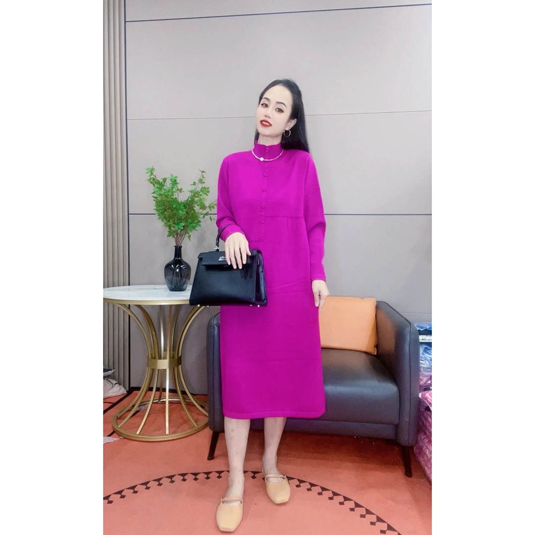 3427 秋冬新款中高领排扣长袖连衣裙显瘦气质针织裙