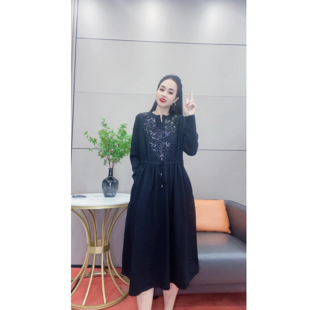 3355 秋冬新款重工提花抽绳收腰款大码女装针织连衣裙