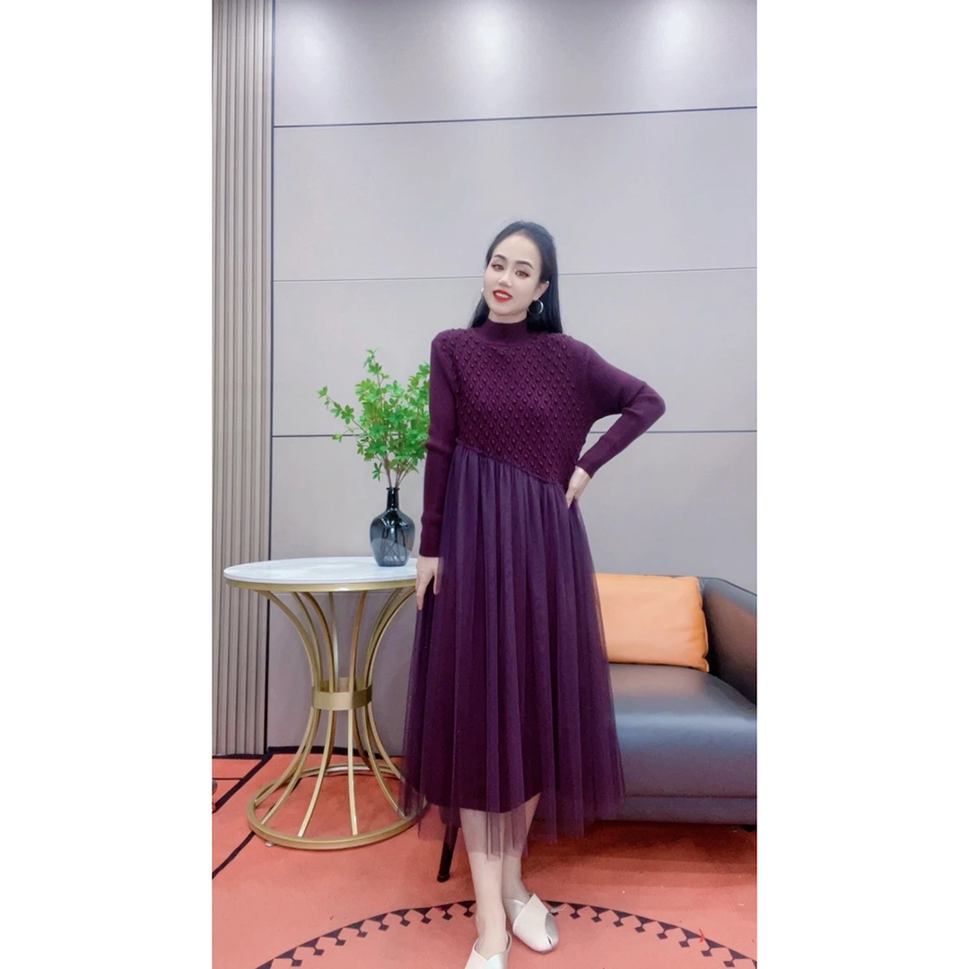 3516 葡萄紫纱裙半高领秋冬新款长袖连衣裙