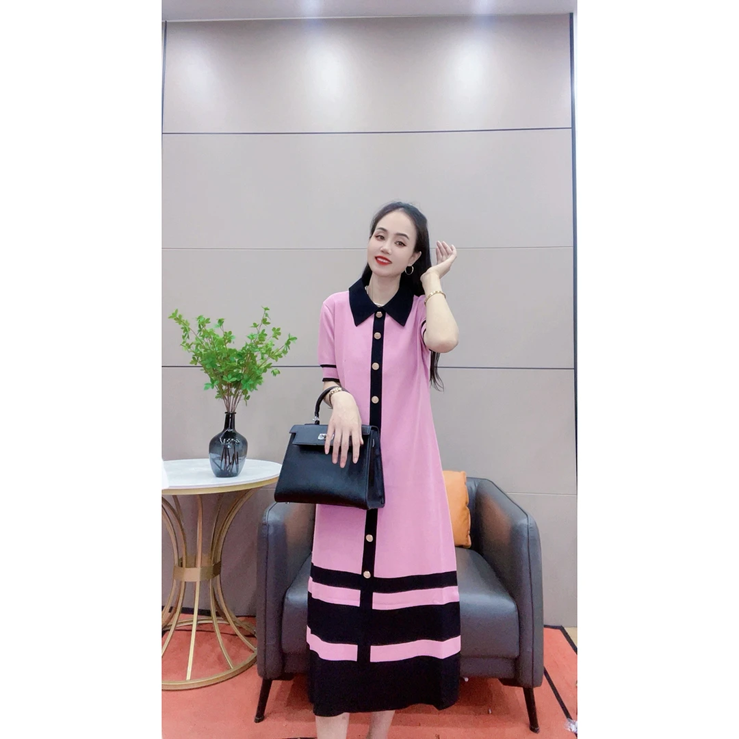 3229 小香风Polo领撞色连衣裙夏季新款中长款针织裙