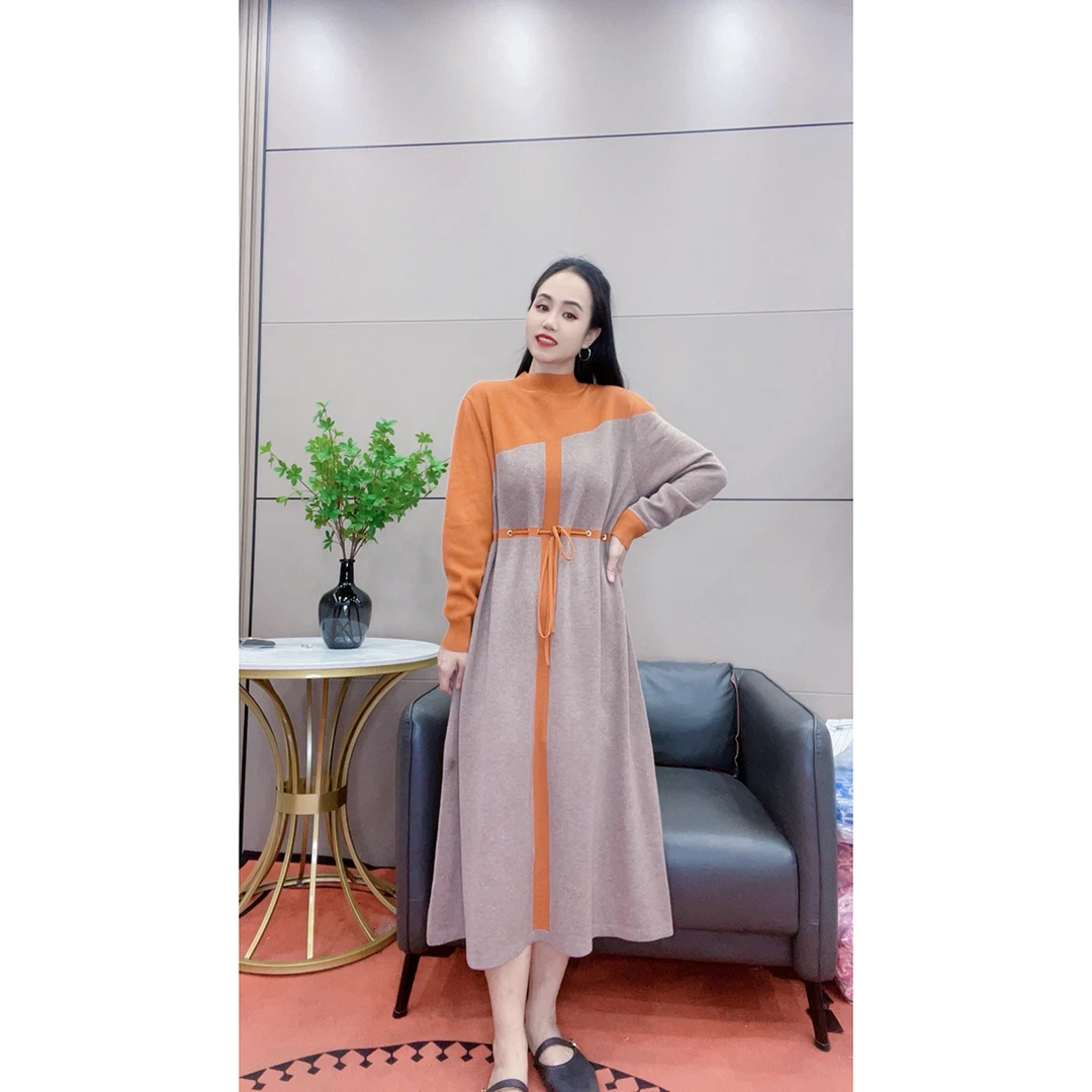 3492 抽绳拼接新款连衣裙秋冬长袖提花针织长裙