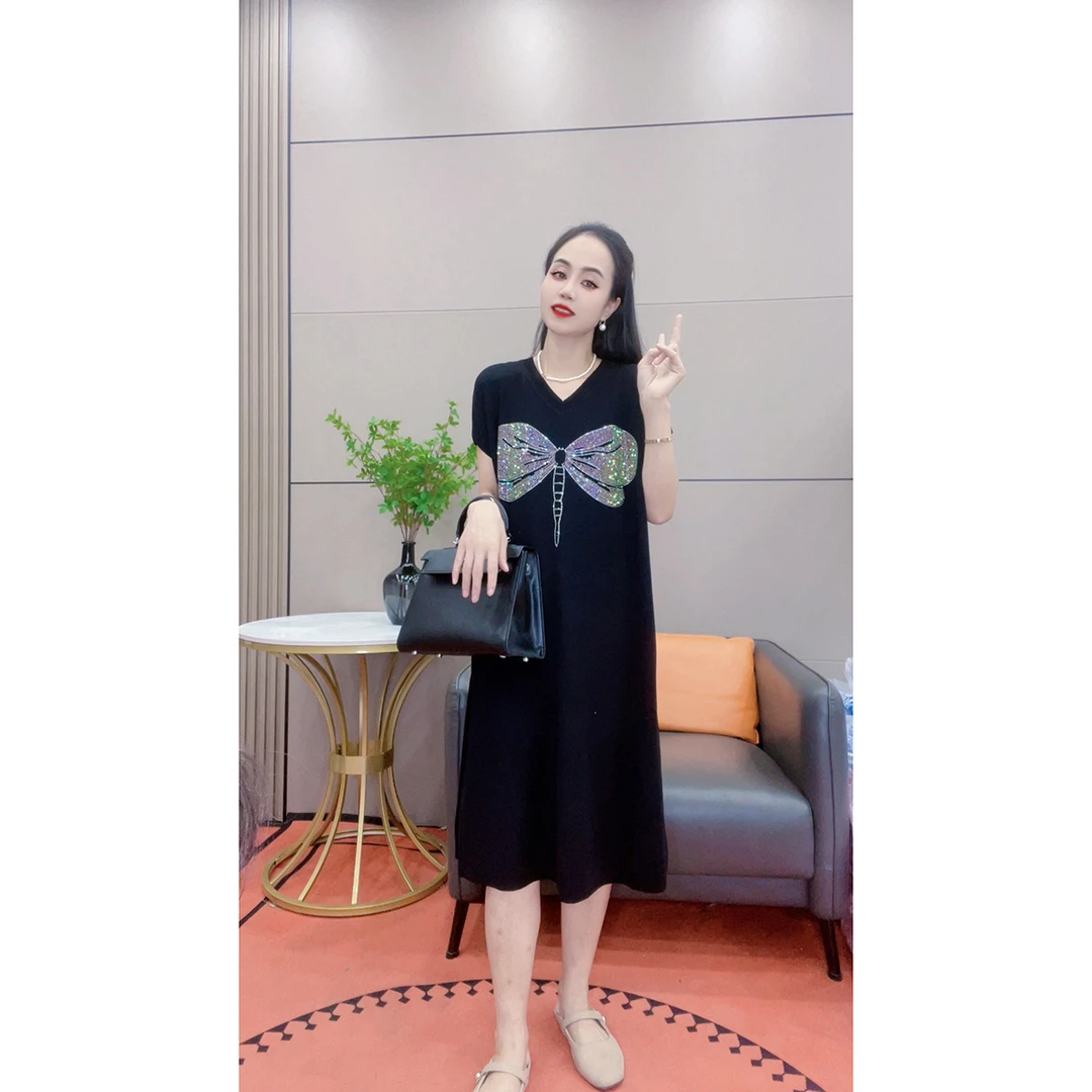 3398 夏季新款蜻蜓烫钻短袖针织连衣裙