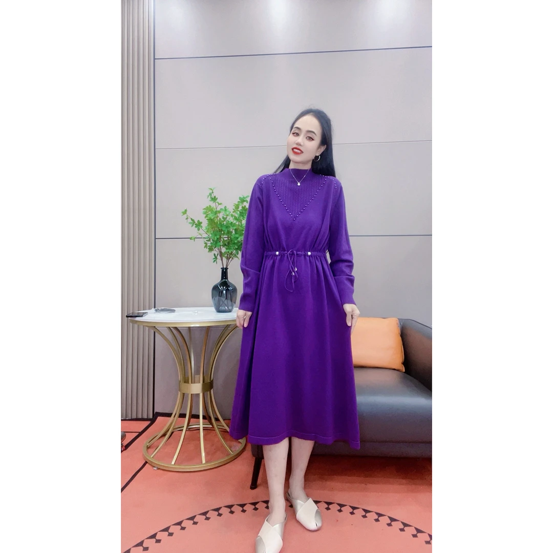 33-16 紫色中高领抽绳收腰显瘦针织裙秋冬新款打底裙