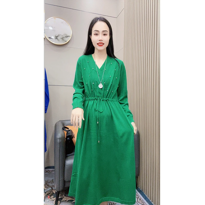 【牧芸娜】523高端订制早秋新款菱格收腰钉钻时尚显瘦连衣裙